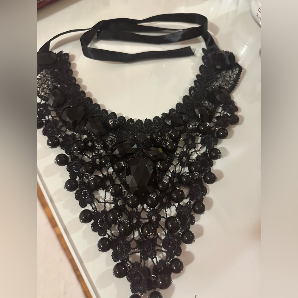 Elegant Black Beaded Lace Necklace